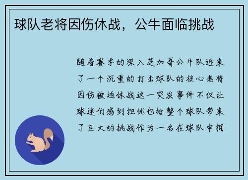 球队老将因伤休战，公牛面临挑战